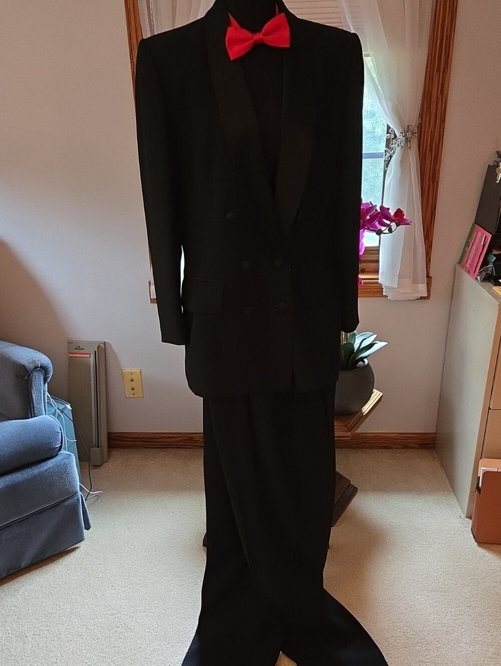 Le Suit Black Double-Breasted Tuxedo Jacket with Red Bow Tie